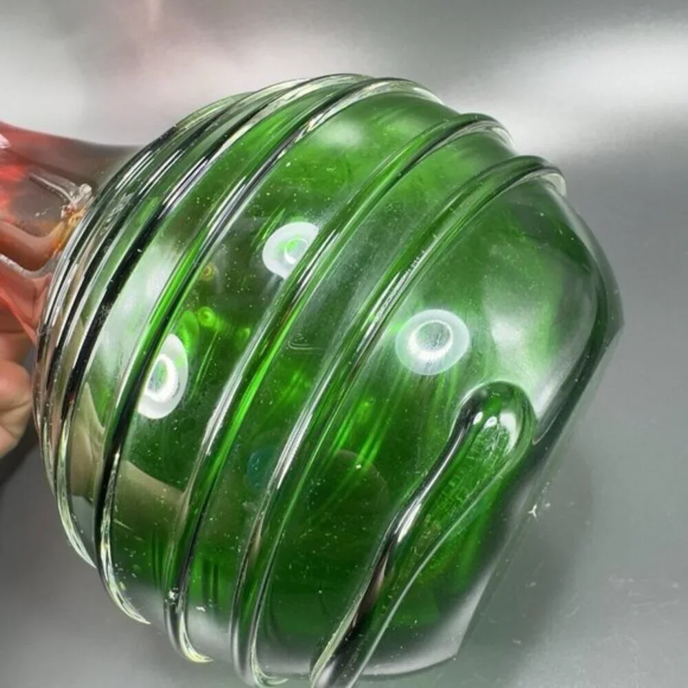Heavy Hand Blown Glass Pitcher Vase Carafe Multicolor Applied Swirl Glass‎ Decor